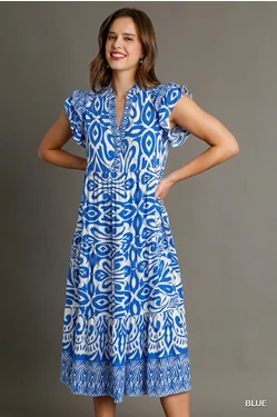 Blue and White Print Midi Dress Regular and Curvy-PlusSize-Sandi's Styles