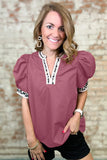 Berry Top With Leopard Print Trim