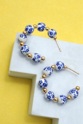 Blue ceramic porcelain hoop earrings