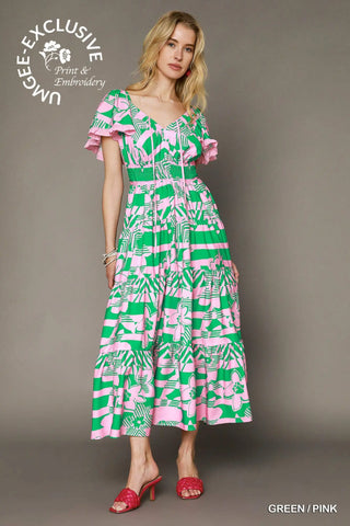 Green and Pink Midi Dress