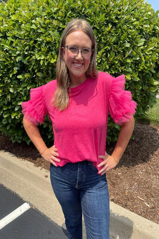 Fuchsia Pink Mesh Sleeve Top-Sandi's Styles