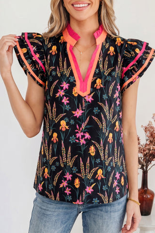 Black Floral Short Sleeve Top