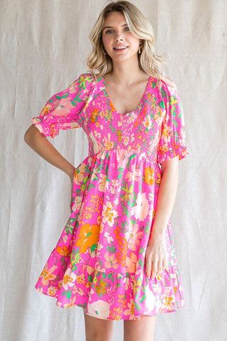 Bright Pink Floral Dress-Sandi's Styles