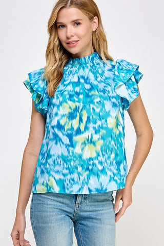 Blue and lime green abstract print top