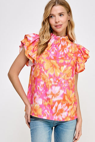 Pink and Coral abstract print top