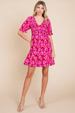 Fall Hot Pink Floral Print Dress-Sandi's Styles