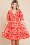 Fall Orange Floral Print Dress-Sandi's Styles