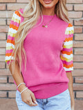 Pink sweater with colorful stripe sleeves-Sandi's Styles