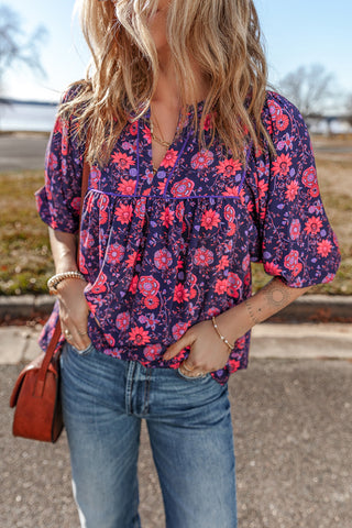 Navy and Coral Floral Top-Sandi's Styles