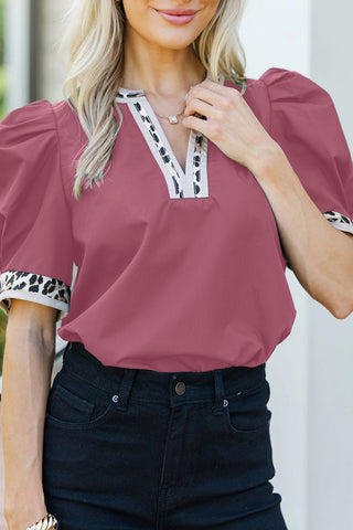 Berry Top With Leopard Print Trim