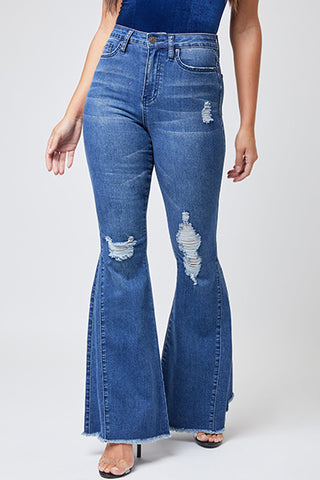 Stylish Dark Wash Distressed Flare Jeans - All Denim